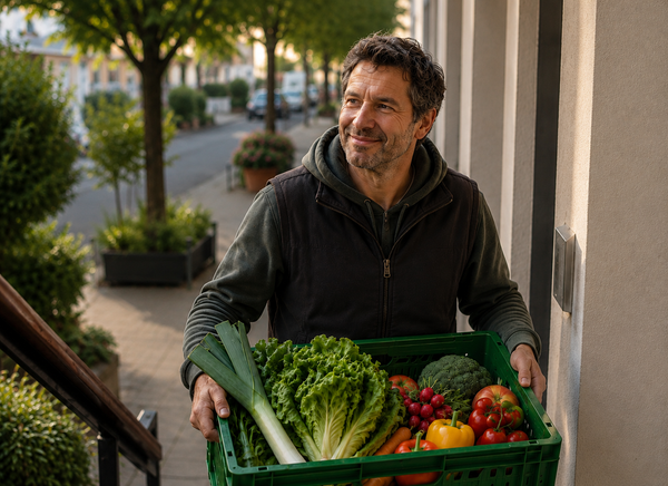 Lieferung einer Hofkiste mit frischem Bio-Obst und Gemüse direkt bis an die Haustür