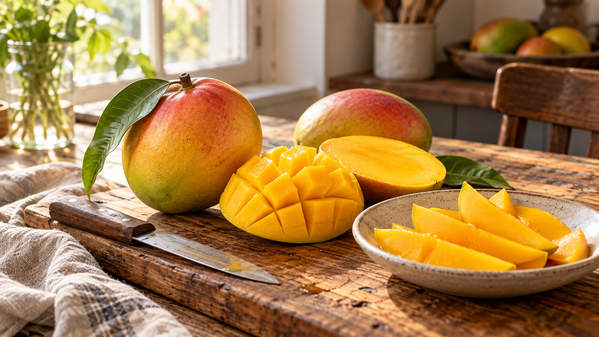 Reife Mango, aufgeschnitten und in Stücke geschnitten, auf einem rustikalen Holztisch in einer hellen Küche.