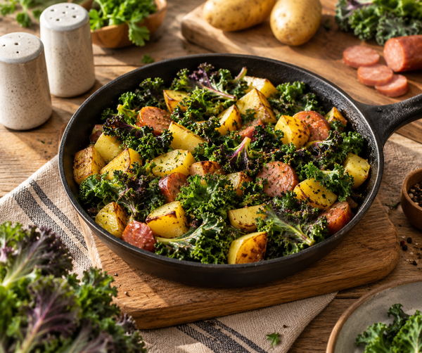 Flower Sprouts mit gebratenen Kartoffeln und Wurst in einer rustikalen Pfanne.