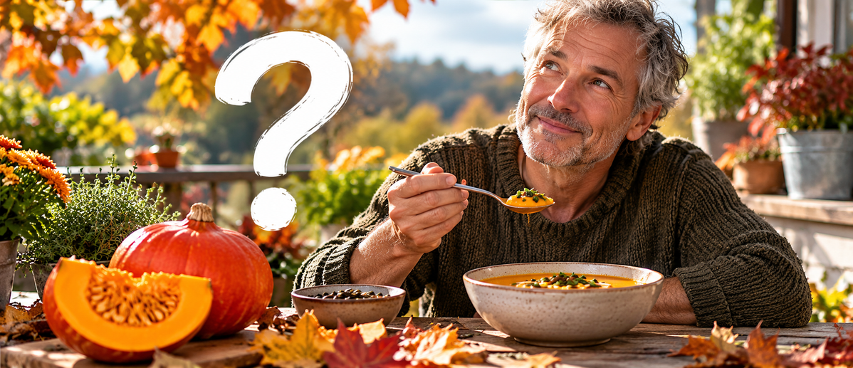 Älterer Mann mit grauen Haaren und einem Löffel Kürbissuppe auf einer herbstlichen Terrasse, umgeben von Kürbissen, buntem Herbstlaub und einem großen weißen Fragezeichen.
