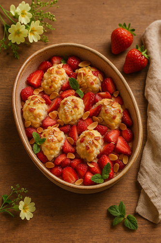 KI generiert: Ein Dessert mit Erdbeeren, Klößen, Mandeln und Minzblättern in einer ovalen Schale auf Holztisch.
