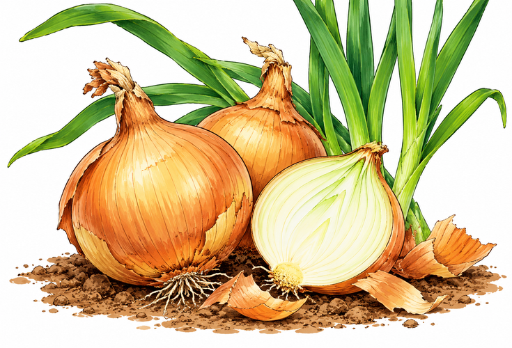 Illustration einer Bananenstaude mit großen grünen Blättern, einem Bündel grüner Bananen und einem herabhängenden lila Blütenstand.
