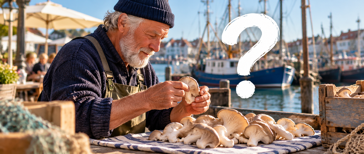 Älterer Fischer betrachtet frische Austernpilze auf einem Tuch an einem Tisch im Nordseehafen. Daneben ein großes weißes Fragezeichen.
