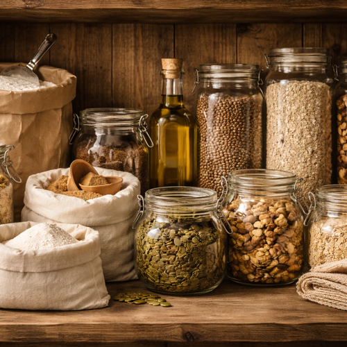 KI generiert: Vorratsregal mit Gläsern voller Getreide, Nüsse und Samen sowie Ölflasche vor einer Holzwand.
