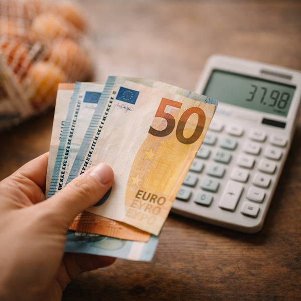 KI generiert: Hand hält Euro-Banknoten vor einem Taschenrechner, der 37,98 anzeigt; Einkaufsnetz im Hintergrund.