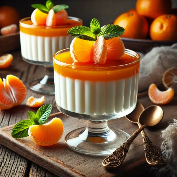 KI generiert: Das Bild zeigt zwei Dessertgläser mit Panna Cotta, die mit einer Mandarinen-Sauce und frischen Mandarinenstücken garniert sind. Im Hintergrund sind weitere Mandarinen und zwei verzierten Löffel zu sehen.