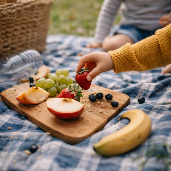 KI generiert: Ein Kind greift nach einer Erdbeere bei einem Picknick mit frischem Obst auf einer karierten Decke.