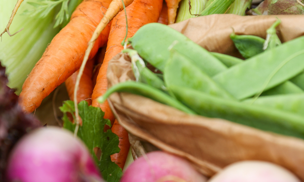 Frische Bio Lebensmittel wie Gemüse und Salat in einer Holzkiste für den Alltagseinkauf