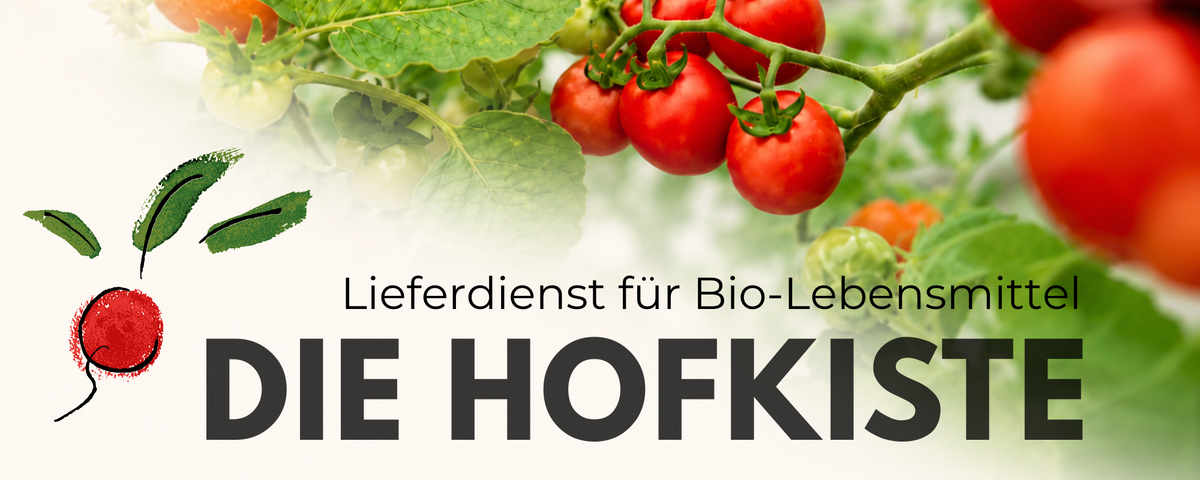 KI generiert: Rote Tomaten an einer Pflanze; Text: "Lieferservice für Bio-Lebensmittel DIE HOFKISTE".