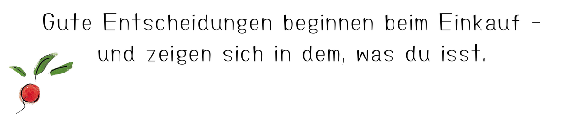 KI generiert: Text über gesunde Entscheidungen beim Einkaufen mit einer gezeichneten Radieschen-Dekoration. Text: „Gute Entscheidungen beginnen beim Einkauf - und zeigen sich in dem, was du isst.“