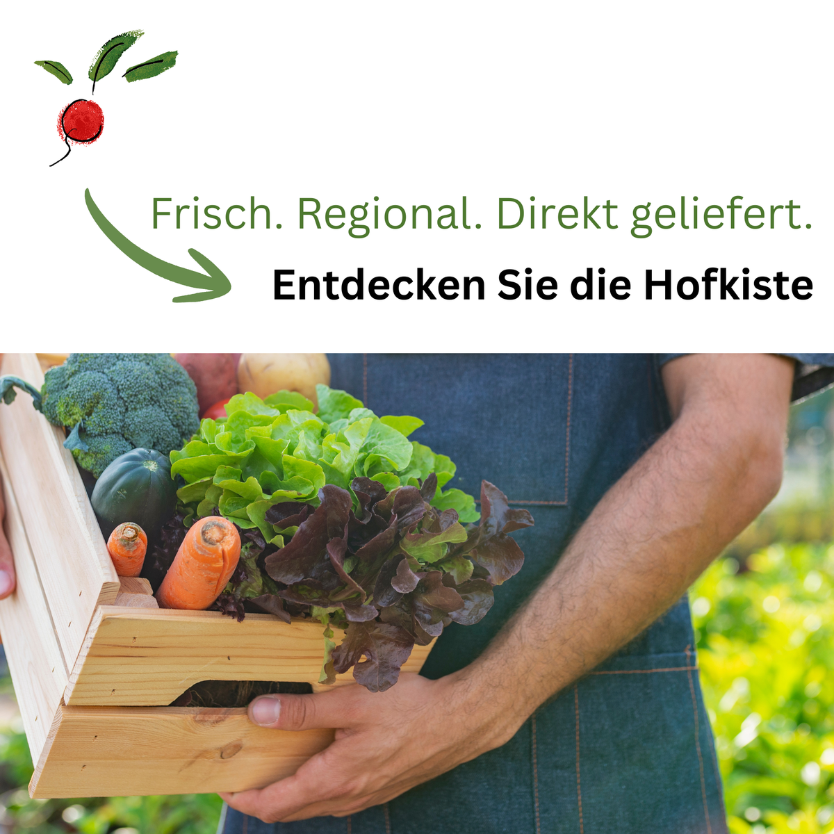 KI generiert: Eine Person hält Holzkiste mit frischem Gemüse. Text: "Frisch. Regional. Direkt geliefert. Entdecken Sie die Hofkiste."