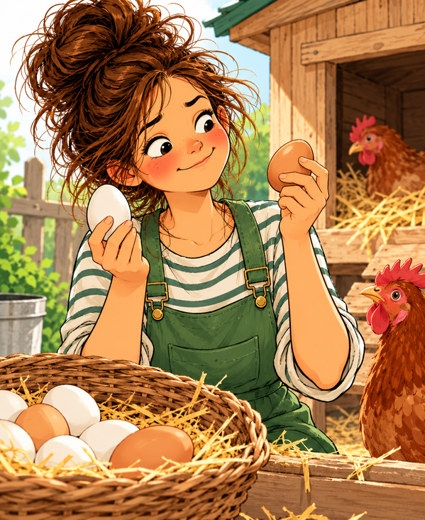 Comic-Illustration von Frida, die vor einem Hühnerstall ein weißes und ein braunes Ei in den Händen hält und vergleicht. Neben ihr stehen braune Hühner und ein Korb mit Eiern.