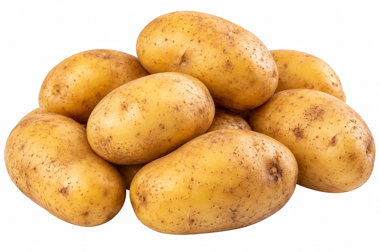 Frische, ungeschälte Kartoffeln mit goldgelber Schale auf weißem Hintergrund.