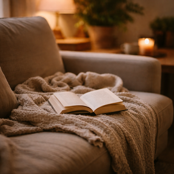 KI generiert: Offenes Buch auf einer beigen Decke auf einem Sofa, im Hintergrund eine brennende Kerze.