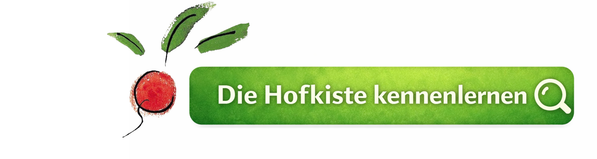 KI generiert: Illustration eines Radieschens neben dem Text "Die Hofkiste kennenlernen".