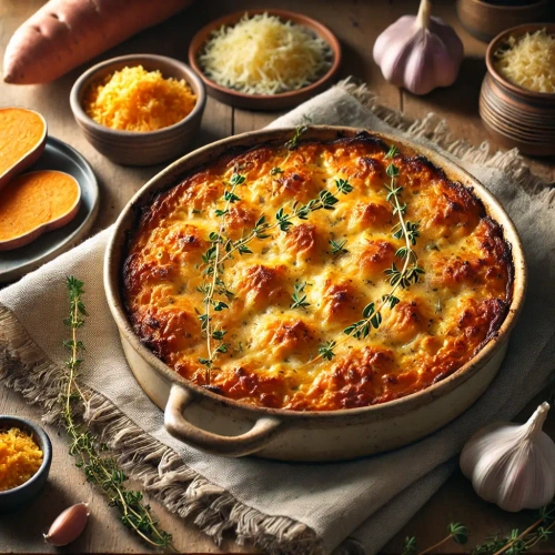 Süßkartoffelgratin mit Knoblauch und Thymian