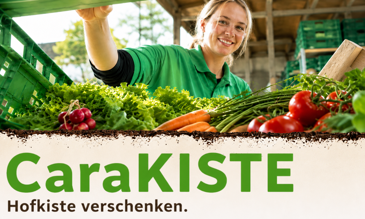 KI generiert: Ein Hund sitzt vor einem Tisch mit Gemüse. Text: "KONTAKT DIE HOFKISTE".