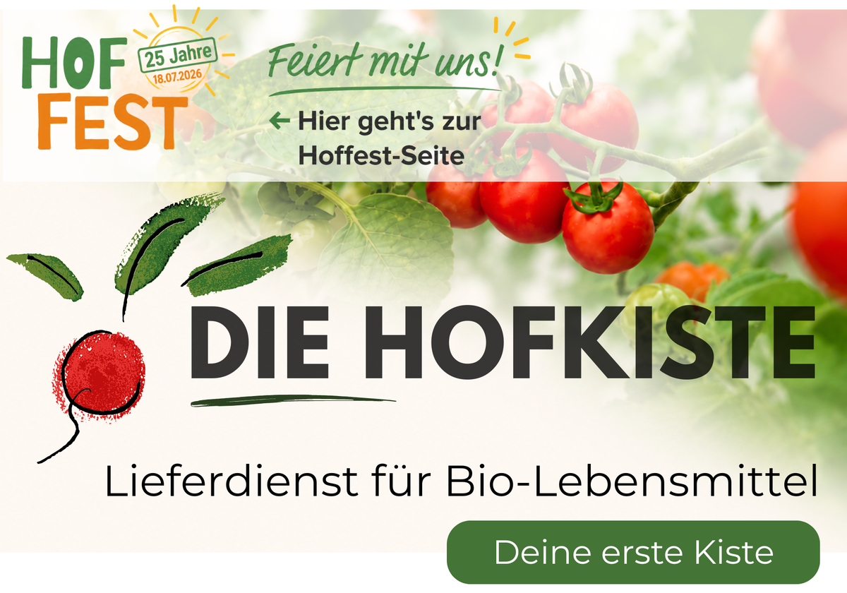 KI generiert: Bild mit Text: "Hof Fest 25 Jahre. Feiert mit uns! Die Hofkiste. Lieferdienst für Bio-Lebensmittel."