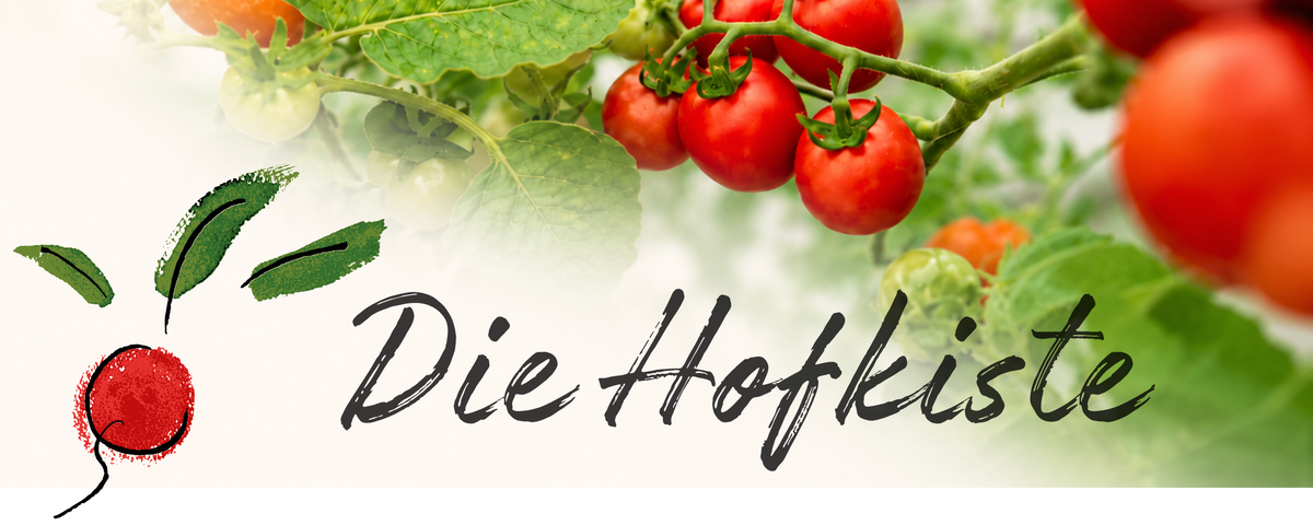 KI generiert: Bild von reifen Tomaten mit der Aufschrift "Die Hofkiste".