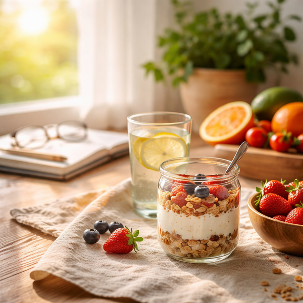 KI generiert: Ein Glas Joghurt mit Müsli, frischen Früchten und ein Wasserglas mit Zitrone auf einem Tisch.