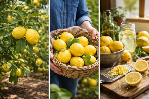KI generiert: Limonen in verschiedenen Szenen – am Baum, in einem Korb und geschnitten auf einem Tisch.