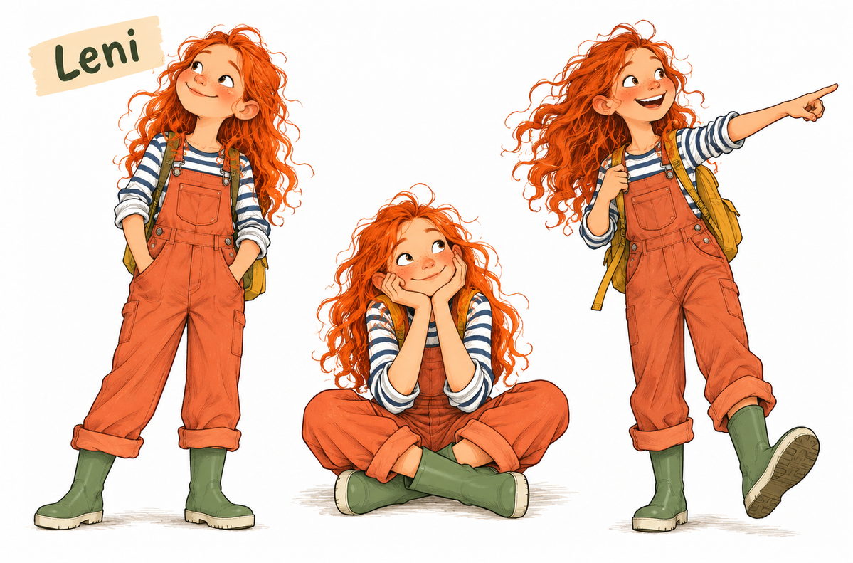 Leni aus den 13 Neugiernasen mit langen roten Locken, Sommersprossen, orangefarbener Latzhose und grünen Gummistiefeln in drei unterschiedlichen Körperhaltungen.