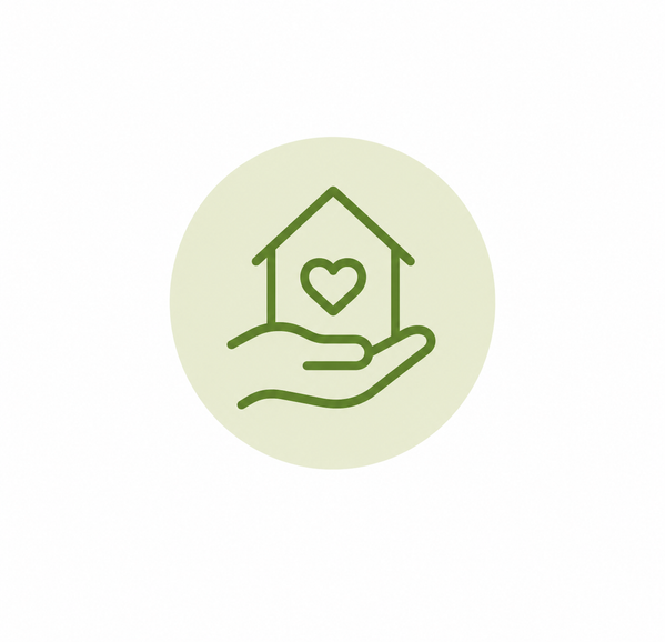 KI generiert: Ein grünes Icon zeigt eine Hand mit einem Haus und einem Herz darin auf hellgrünem Hintergrund.
