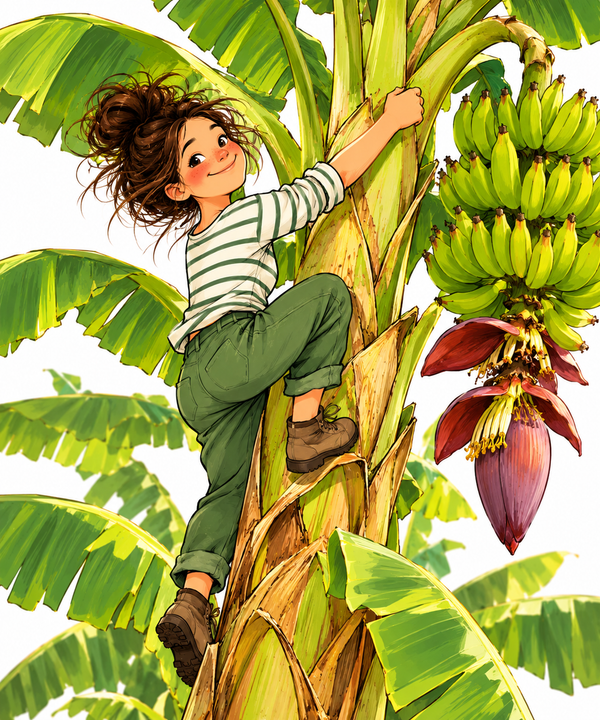 KI-generierte Beschreibung: Eine Frau pflückt Bananen in einem tropischen Garten.