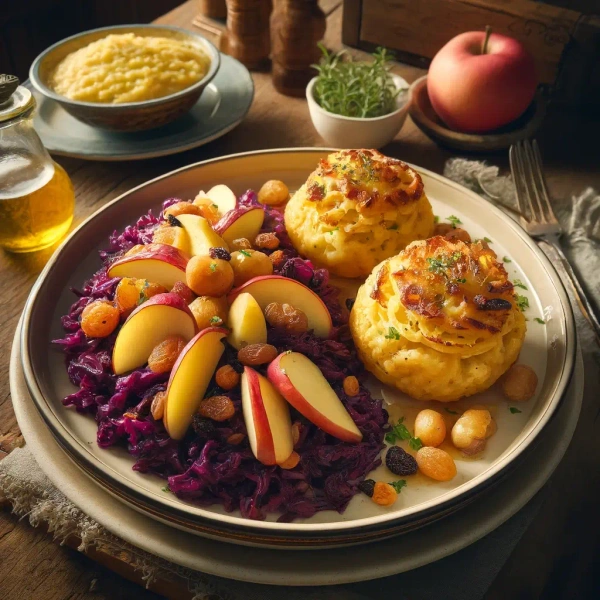 KI generiert: Das Bild zeigt ein ansprechend angerichtetes Gericht mit Rotkohl, Apfelscheiben und Kartoffeltürmchen. Die Präsentation wird von kleinen Schalen mit Beilagen und einem frischen Apfel ergänzt.