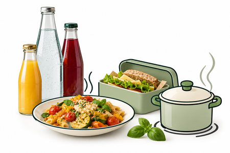 Grafische Darstellung verschiedener Lebensmittel und Getränke mit warmem Gericht, Lunchbox und Kochtopf.