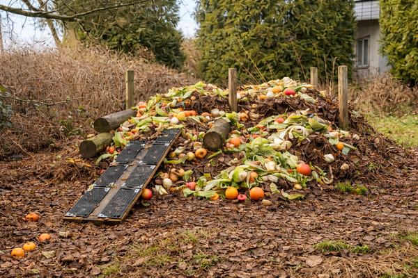 KI generiert: Ein Komposthaufen mit Obst- und Gemüseresten im Freien.