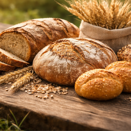 KI generiert: Verschiedene Brotsorten mit Körnern und Getreideähren auf einem Holztisch.