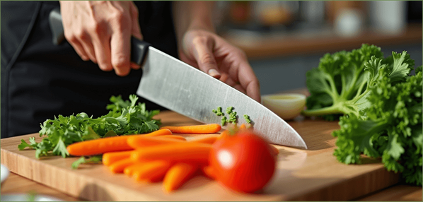 KI generiert: Person schneidet Gemüse auf einem Holzbrett in einer Küche.