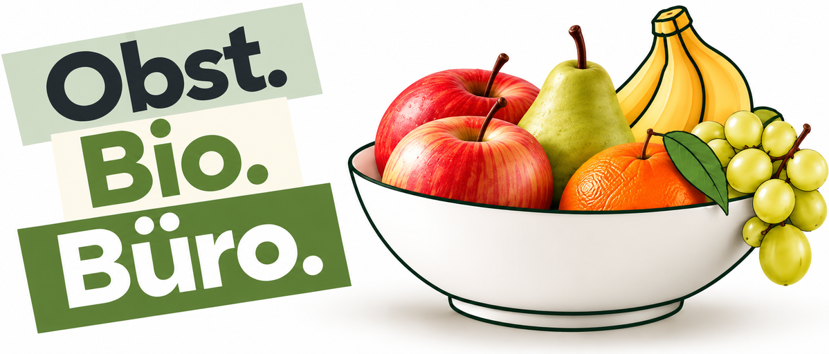 KI generiert: Das Bild zeigt ein Obstkorb mit verschiedenen Bio-Obstsorten und den Text "Obst. Bio. Büro.".