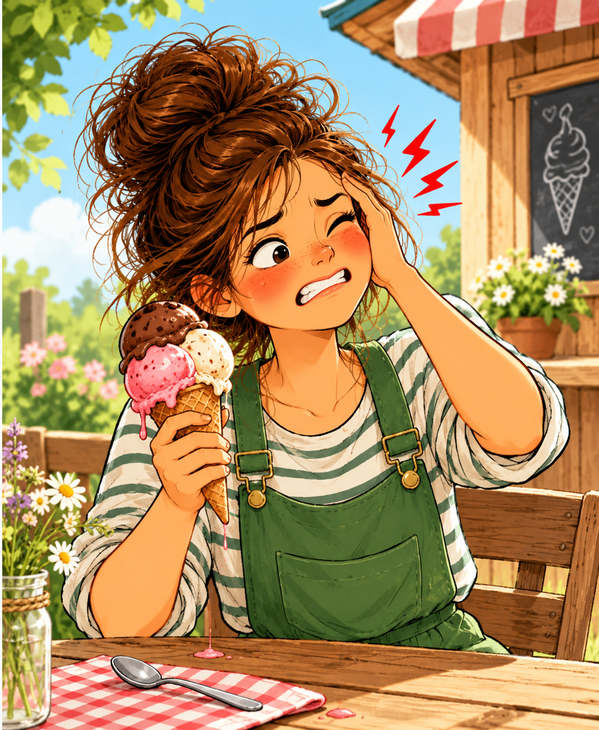 Comicartige Illustration von Frida mit einer bunten Eiswaffel. Sie kneift ein Auge zusammen und hält sich wegen plötzlicher Kopfschmerzen die Stirn.