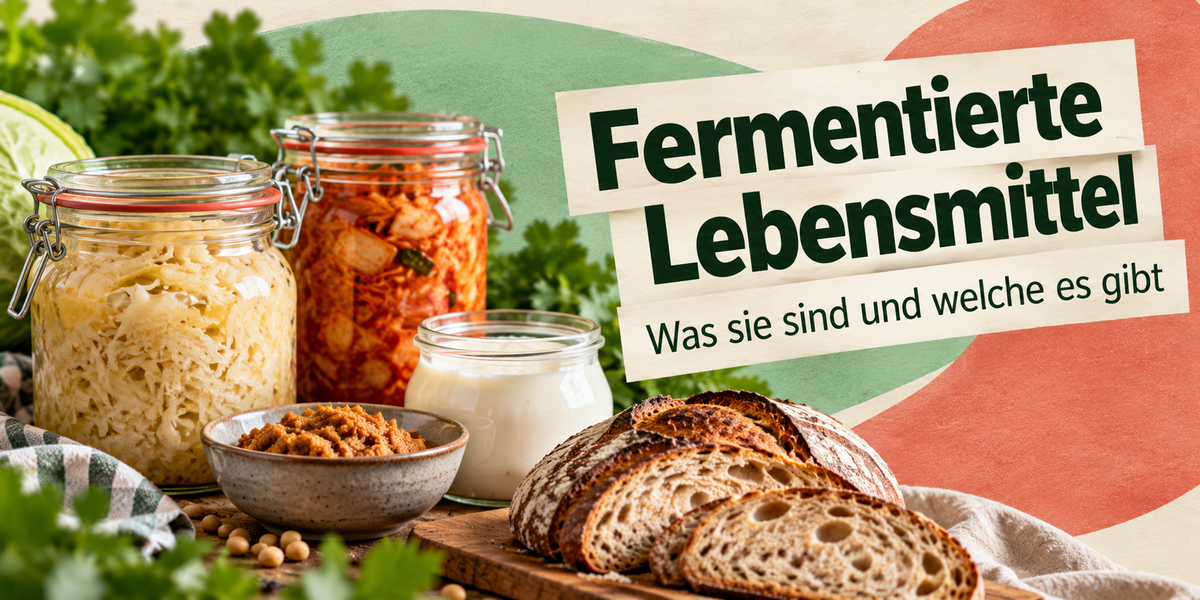 KI-generierte Beschreibung: Das Bild zeigt fermentierte Lebensmittel wie Kimchi und eingelegtes Gemüse. Text: "Fermentierte Lebensmittel - Was sie sind und welche es gibt".