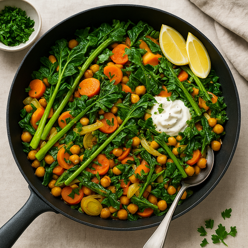Bunte Frühlingspfanne mit Rübstiel, Möhren, Fenchel & Kichererbsen