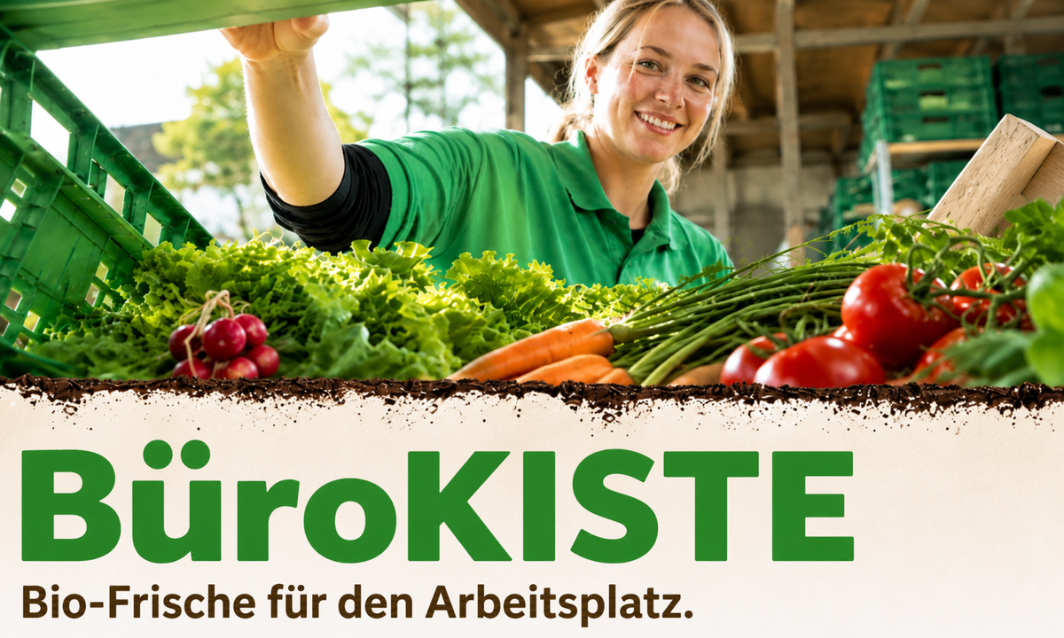 KI generiert: Ein Hund sitzt vor einem Tisch mit Gemüse. Text: "KONTAKT DIE HOFKISTE".