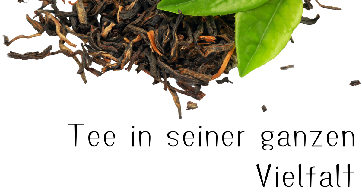 KI generiert: Tee-Blätter und grüne Blätter. Text: "Tee in seiner ganzen Vielfalt".