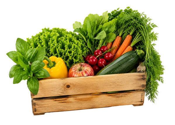 KI generiert: Eine Holzkiste voller frischem Gemüse und Obst.