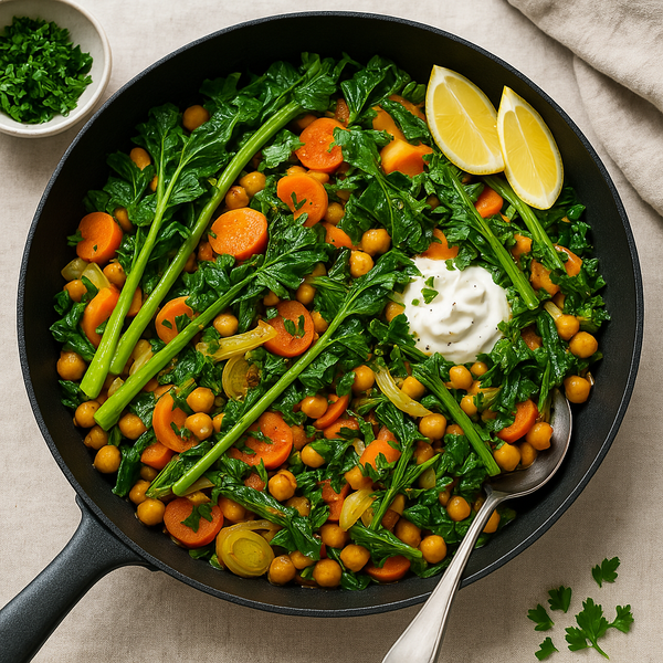 KI generiert: Pfannengericht mit Kichererbsen, Karotten, grünem Gemüse und Joghurt, serviert mit Zitronenscheiben.