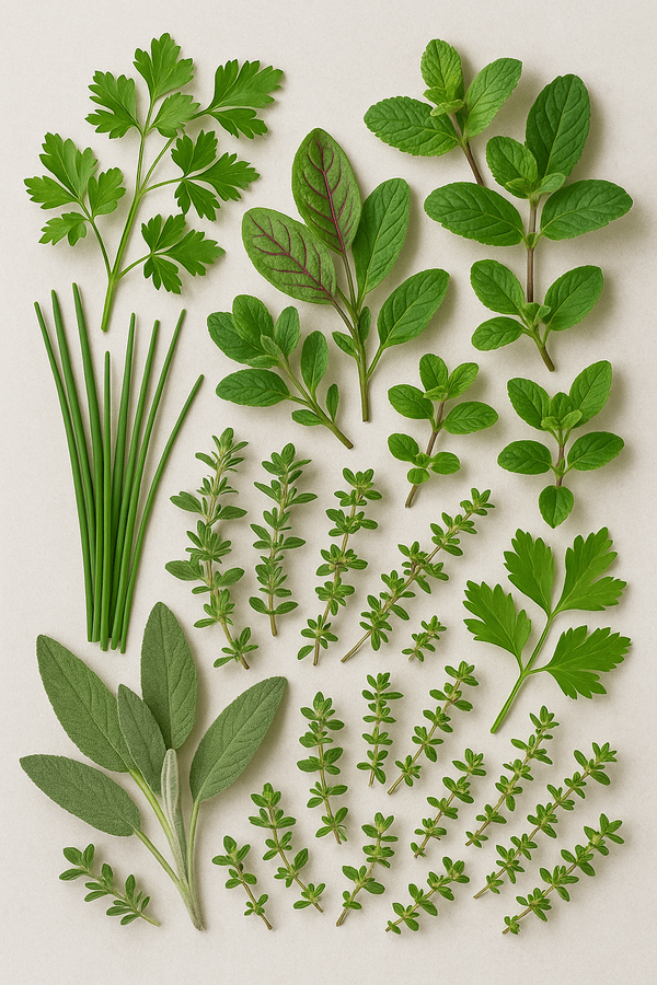 KI generiert: Verschiedene frische Kräuter auf hellem Hintergrund, darunter Petersilie, Minze und Salbei.
