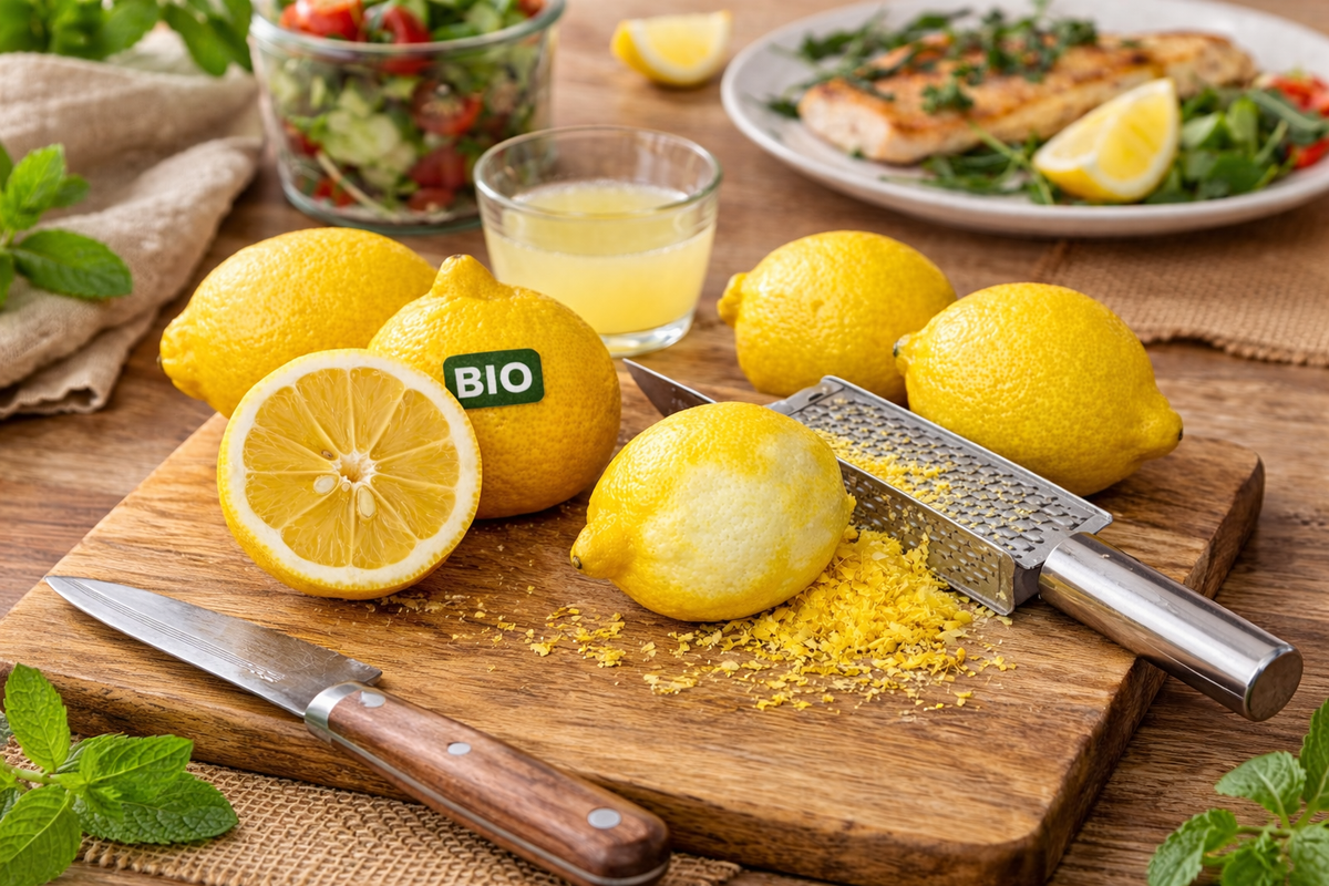 KI generiert: Zitronen auf einem Holzbrett mit Reibe und Messer, Label "BIO". Geriebene Zitronenschale und Saft im Hintergrund.