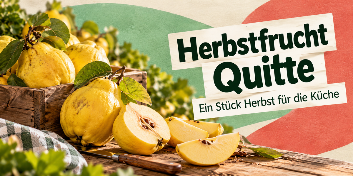 Mehrere gelbe Quitten hängen zwischen grünen Blättern an den Zweigen eines Quittenbaums.