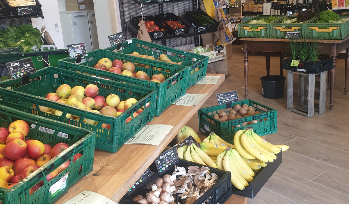 KI generiert: Frisches Obst und Gemüse in grünen Kisten in einem Laden. Zu sehen sind Äpfel, Bananen, Pilze und Kartoffeln.