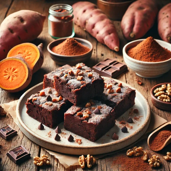 KI generiert: Das Bild zeigt eine Nahaufnahme von Brownies, garniert mit Schokoladenstückchen und Nüssen, auf einem Teller. Im Hintergrund sind harmonisch arrangierte Süßkartoffeln, Kakao und Schokolade zu sehen.