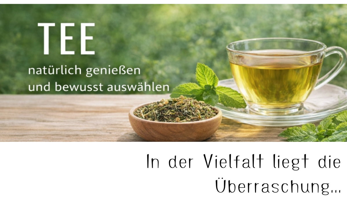 KI generiert: Tee und Minzblätter auf Tisch; Text: "TEE natürlich genießen und bewusst auswählen, In der Vielfalt liegt die Überraschung..."