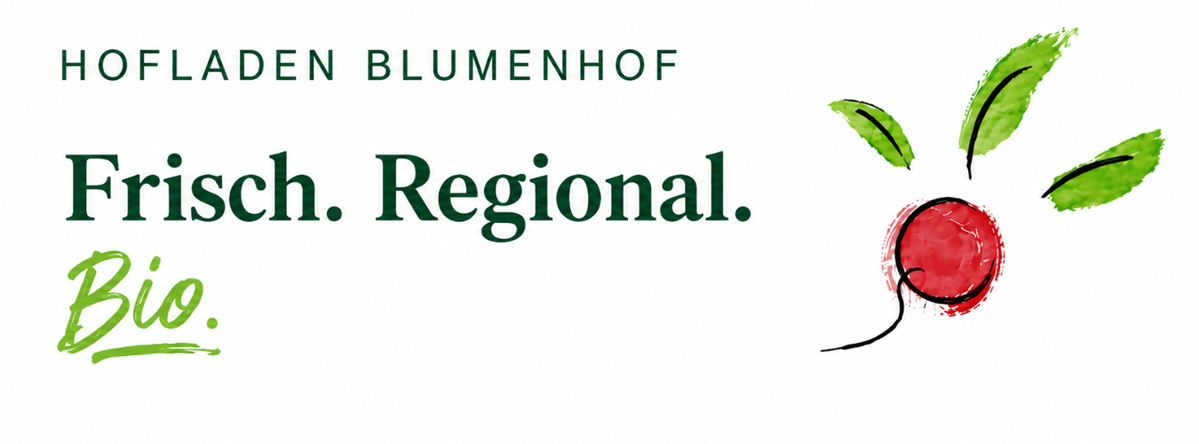KI generiert: Hofladen Blumenhof: Frisch. Regional. Bio. Zeichnung eines Radieschens mit Blättern.