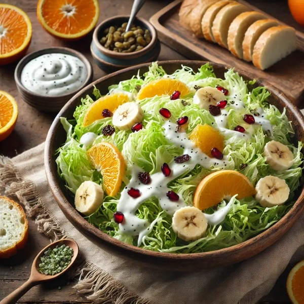 KI generiert: Das Bild zeigt einen frischen Salat in einer Holzschale, garniert mit Orangenscheiben, Bananenscheiben, Granatapfelkernen und einem Joghurt-Dressing. Im Hintergrund sind aufgeschnittenes Brot sowie Orangenscheiben und weitere Zutaten zu sehen.