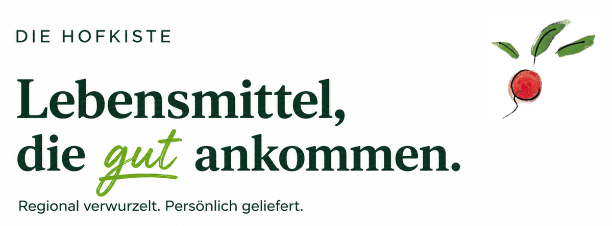 KI generiert: Textbild mit dem Slogan "Lebensmittel, die gut ankommen. Regional verwurzelt. Persönlich geliefert."